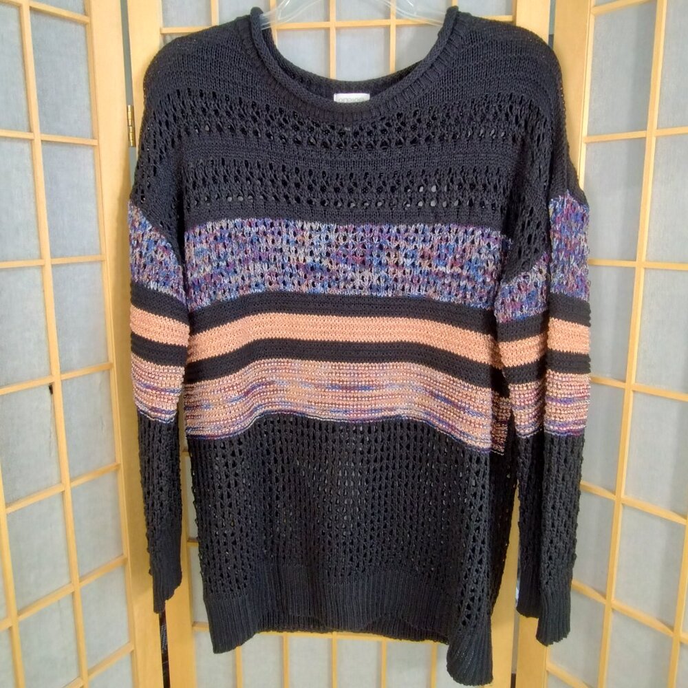 Greige Black with Multicolor Crochet Sweater Size L
